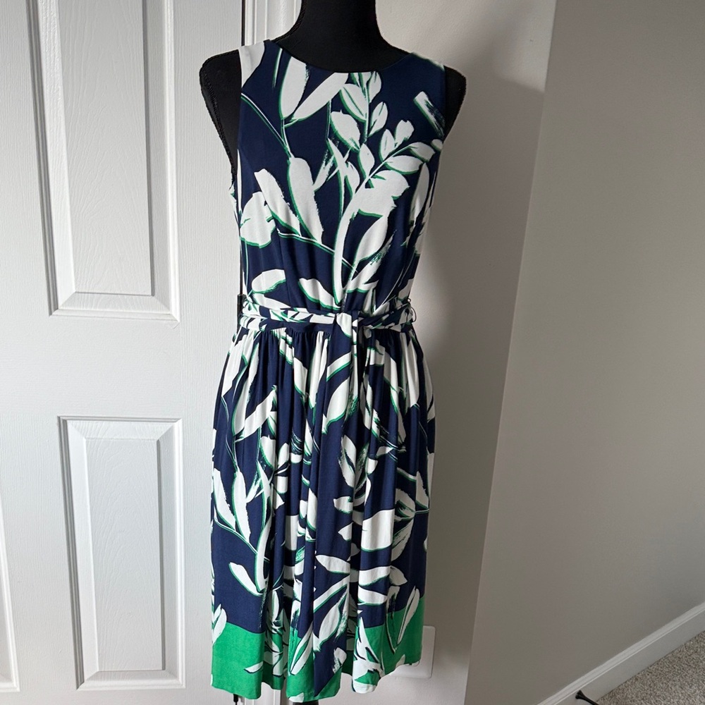 Eliza J Navy and Green Leaf Print Midi Dress